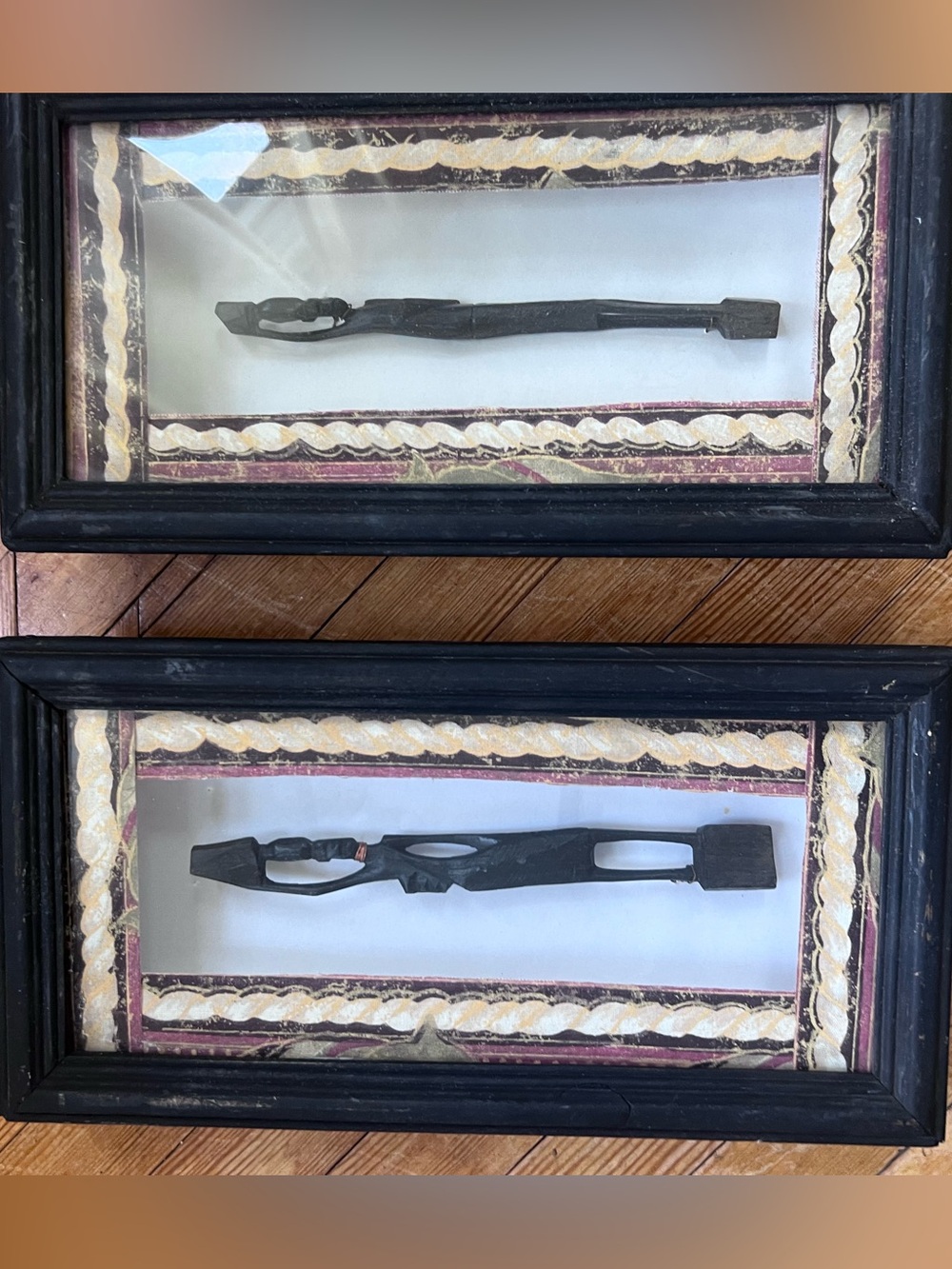African art tribal shadow box set of two Framed Carved Wood Sculptures -